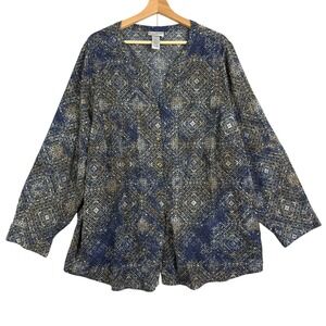 Catherines shirt women Sz 2X 22/24 Gray Blue Geometric Long Sleeve Button Up Top